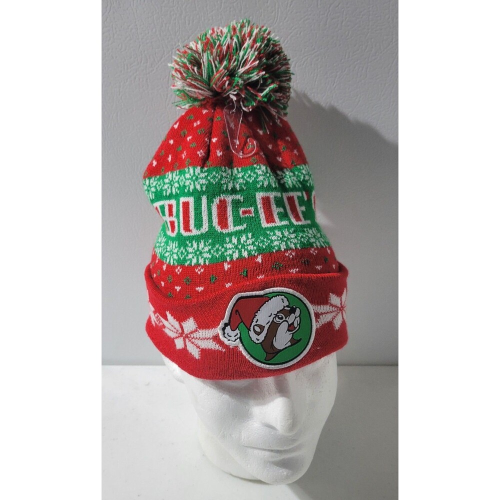 Buc-ees Christmas Beanie NWOT Red Green Snowflakes